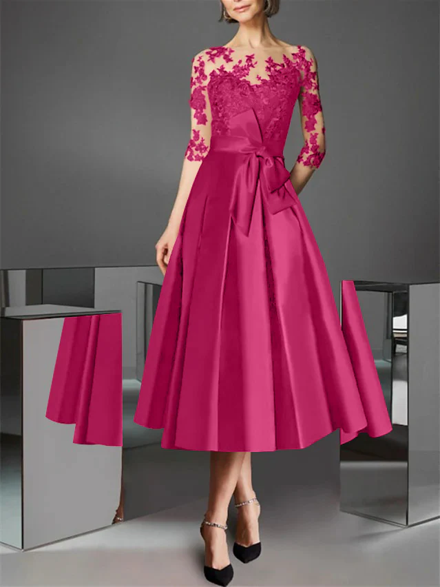 A-Line/Princess Illusion Neck Tea-Length Cocktail Dresses Satin Lace Half Sleeves Wedding Guest with Bowknot - Image 25