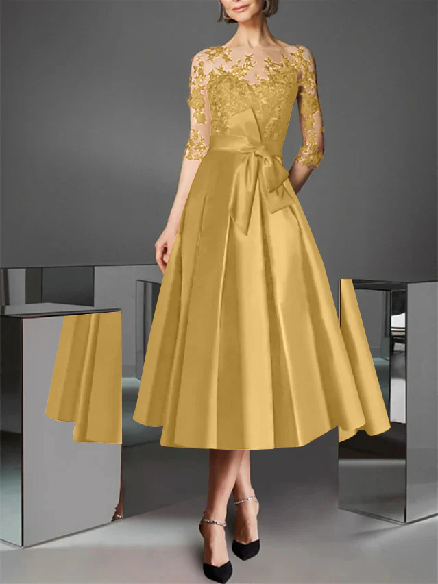 A-Line/Princess Illusion Neck Tea-Length Cocktail Dresses Satin Lace Half Sleeves Wedding Guest with Bowknot - Image 26