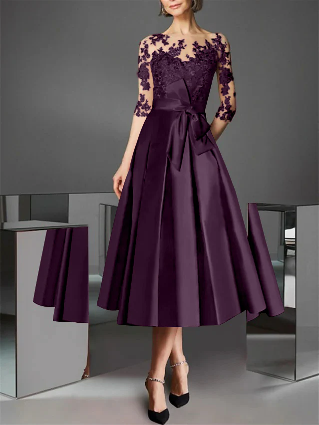 A-Line/Princess Illusion Neck Tea-Length Cocktail Dresses Satin Lace Half Sleeves Wedding Guest with Bowknot - Image 27