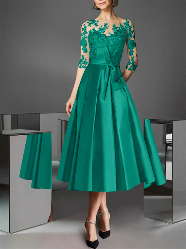 A-Line/Princess Illusion Neck Tea-Length Cocktail Dresses Satin Lace Half Sleeves Wedding Guest with Bowknot - Image 31