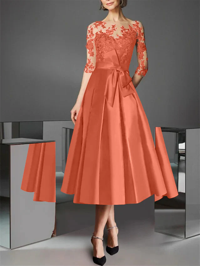 A-Line/Princess Illusion Neck Tea-Length Cocktail Dresses Satin Lace Half Sleeves Wedding Guest with Bowknot - Image 38
