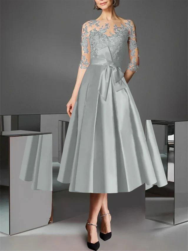 A-Line/Princess Illusion Neck Tea-Length Cocktail Dresses Satin Lace Half Sleeves Wedding Guest with Bowknot - Image 47