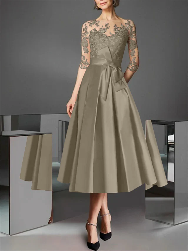 A-Line/Princess Illusion Neck Tea-Length Cocktail Dresses Satin Lace Half Sleeves Wedding Guest with Bowknot - Image 52