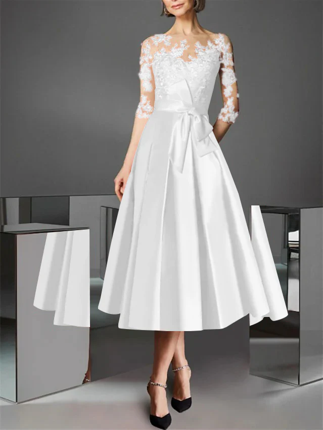 A-Line/Princess Illusion Neck Tea-Length Cocktail Dresses Satin Lace Half Sleeves Wedding Guest with Bowknot - Image 54