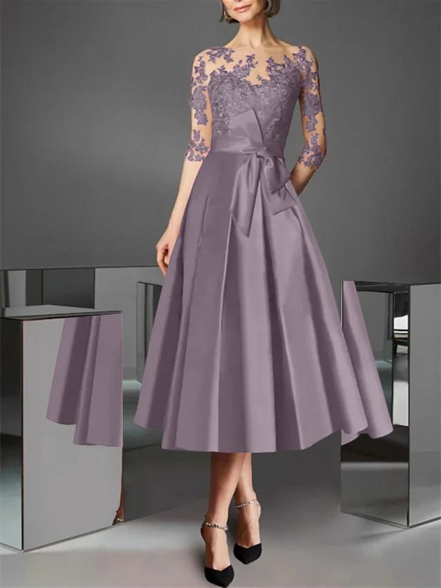 A-Line/Princess Illusion Neck Tea-Length Cocktail Dresses Satin Lace Half Sleeves Wedding Guest with Bowknot - Image 56