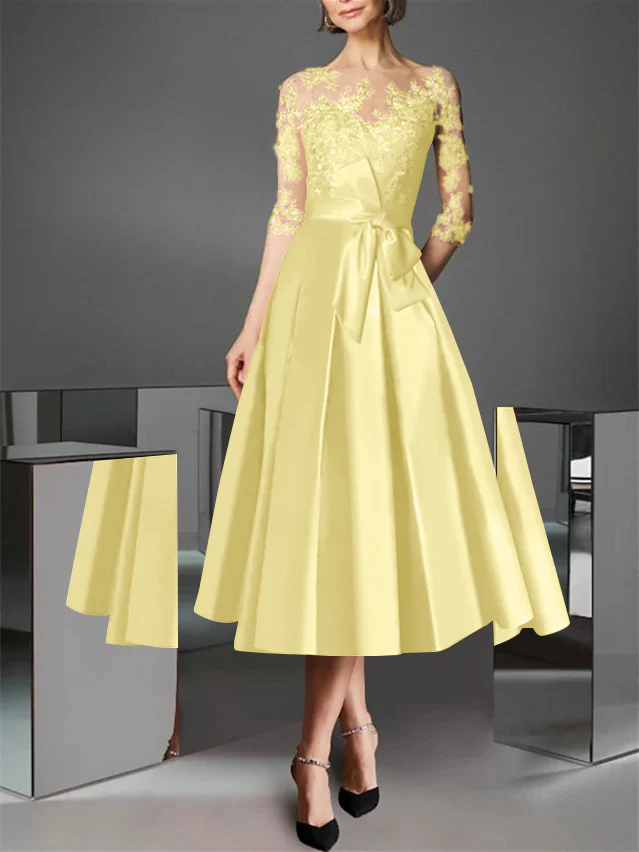 A-Line/Princess Illusion Neck Tea-Length Cocktail Dresses Satin Lace Half Sleeves Wedding Guest with Bowknot - Image 57