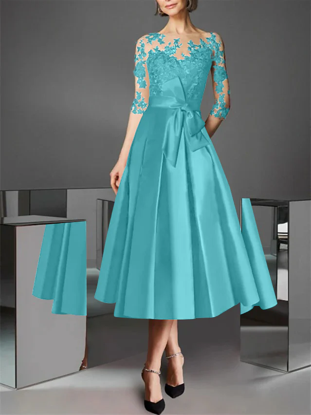A-Line/Princess Illusion Neck Tea-Length Cocktail Dresses Satin Lace Half Sleeves Wedding Guest with Bowknot - Image 6