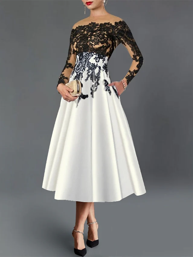 A-Line/Princess Illusion Neck Cocktail Dresses Long Sleeves Tea-Length Satin Lace with Pleated