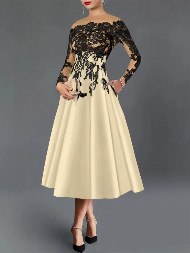 A-Line/Princess Illusion Neck Cocktail Dresses Long Sleeves Tea-Length Satin Lace with Pleated - Image 10