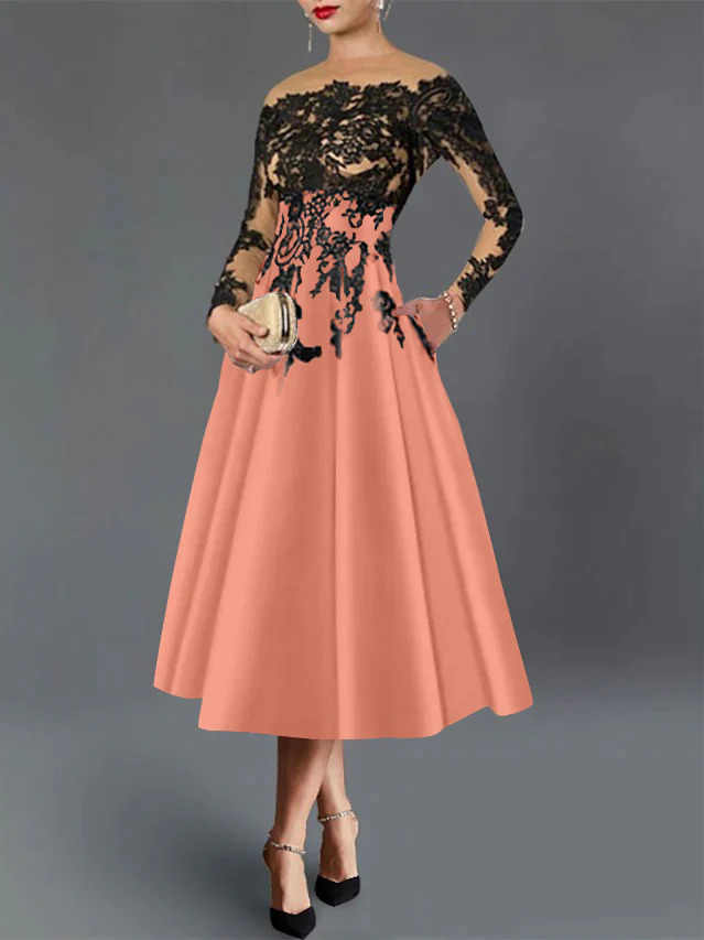 A-Line/Princess Illusion Neck Cocktail Dresses Long Sleeves Tea-Length Satin Lace with Pleated - Image 14