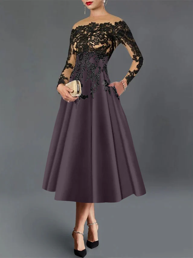A-Line/Princess Illusion Neck Cocktail Dresses Long Sleeves Tea-Length Satin Lace with Pleated - Image 20