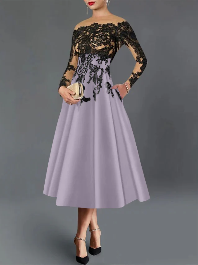 A-Line/Princess Illusion Neck Cocktail Dresses Long Sleeves Tea-Length Satin Lace with Pleated - Image 33