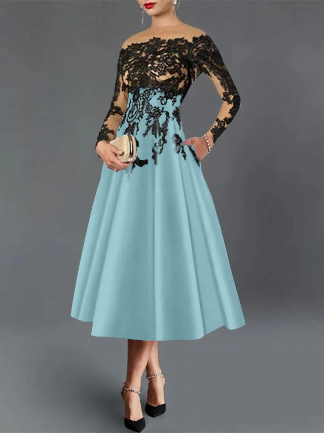 A-Line/Princess Illusion Neck Cocktail Dresses Long Sleeves Tea-Length Satin Lace with Pleated - Image 34