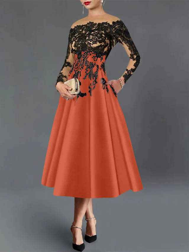 A-Line/Princess Illusion Neck Cocktail Dresses Long Sleeves Tea-Length Satin Lace with Pleated - Image 39