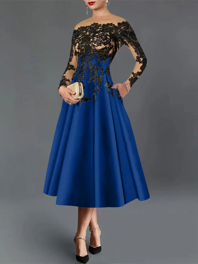 A-Line/Princess Illusion Neck Cocktail Dresses Long Sleeves Tea-Length Satin Lace with Pleated - Image 46