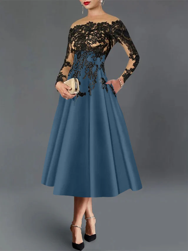 A-Line/Princess Illusion Neck Cocktail Dresses Long Sleeves Tea-Length Satin Lace with Pleated - Image 51