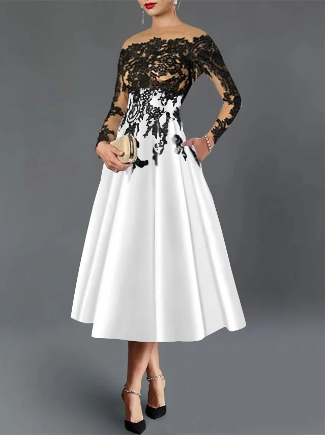 A-Line/Princess Illusion Neck Cocktail Dresses Long Sleeves Tea-Length Satin Lace with Pleated - Image 55
