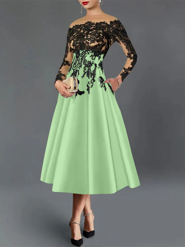 A-Line/Princess Illusion Neck Cocktail Dresses Long Sleeves Tea-Length Satin Lace with Pleated - Image 9
