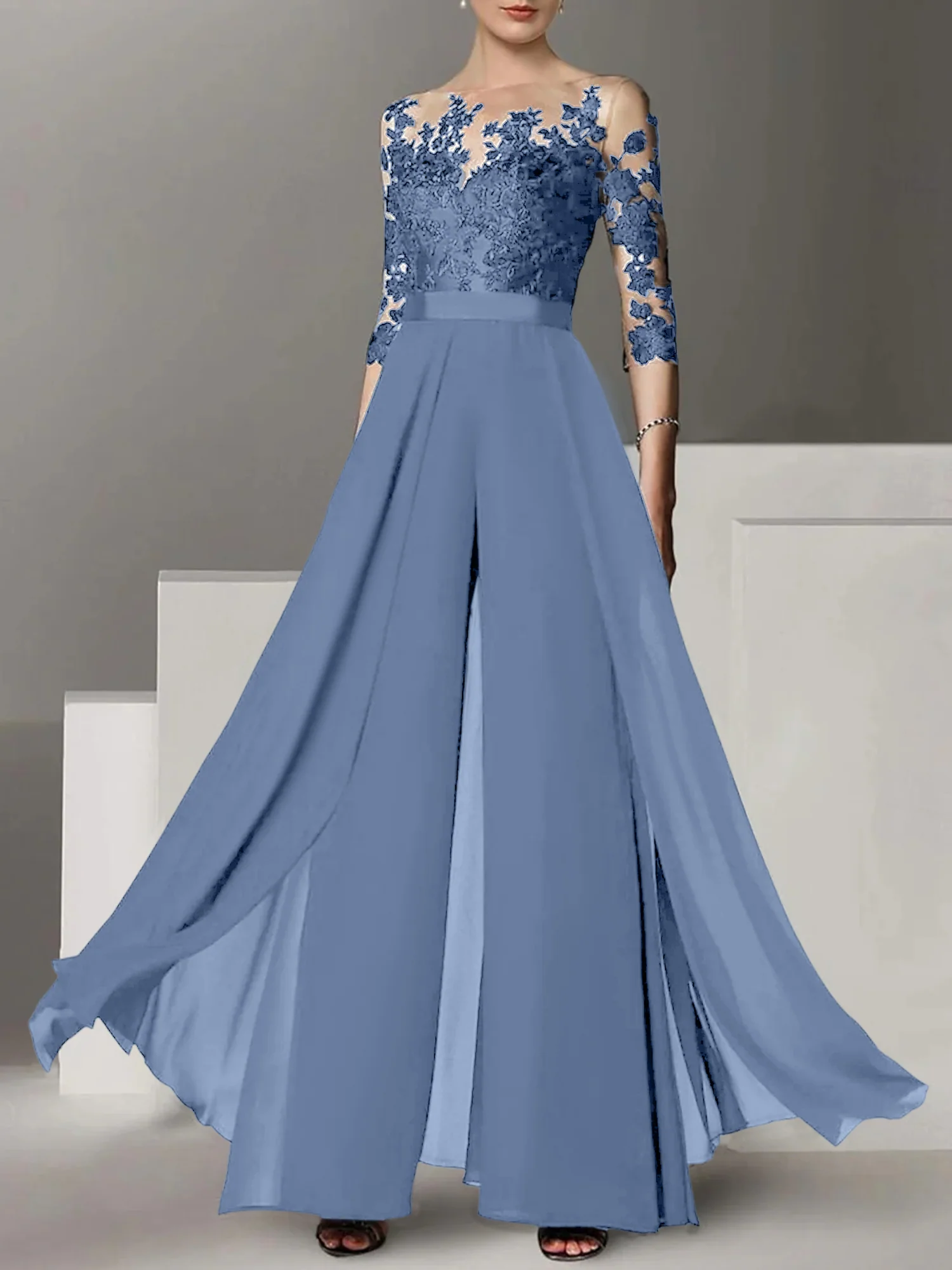A-Line/Princess Jewel Neck 3/4 Length Sleeves Floor-Length Mother of the Bride Jumpsuits with Applique - Image 14