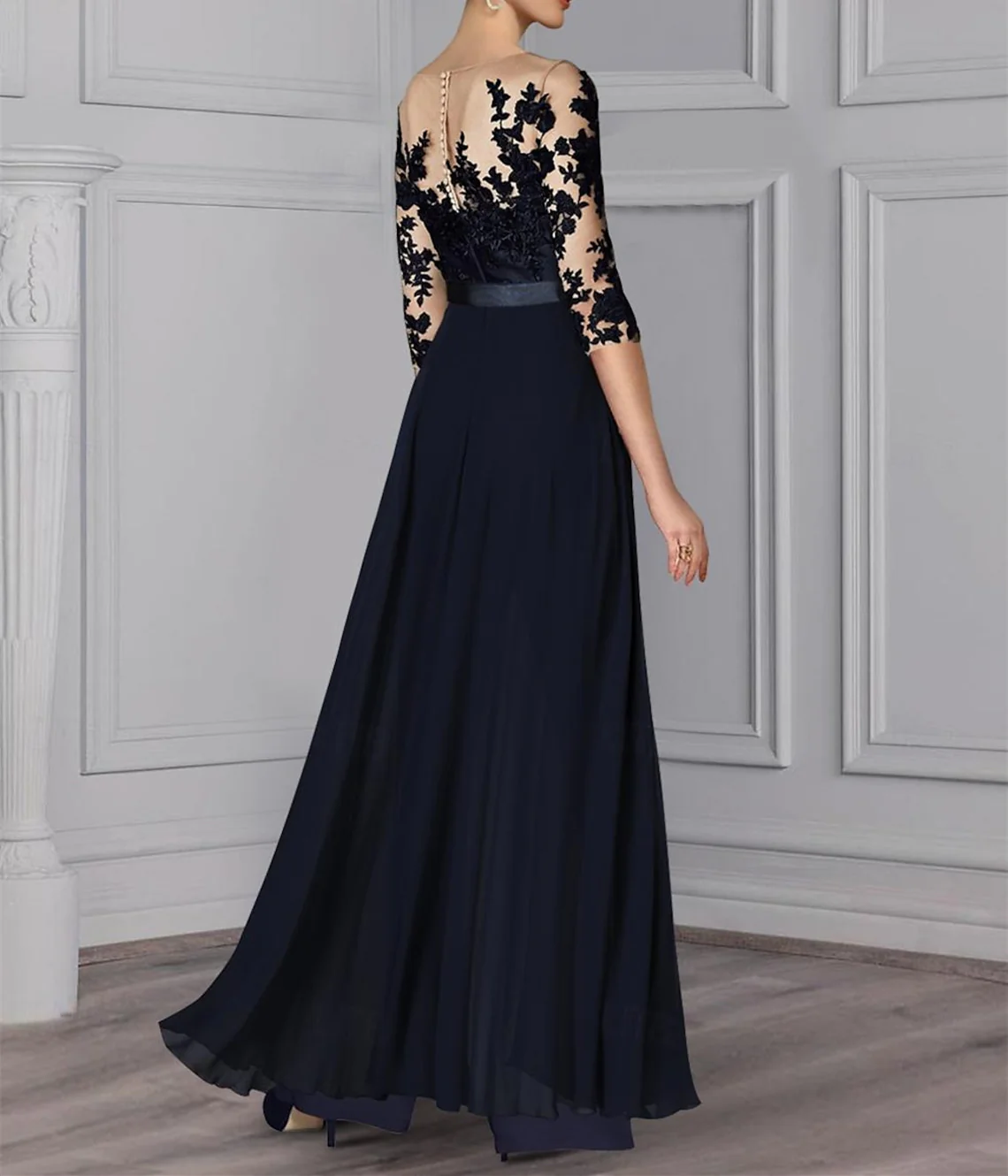 A-Line/Princess Jewel Neck 3/4 Length Sleeves Floor-Length Mother of the Bride Jumpsuits with Applique - Image 2