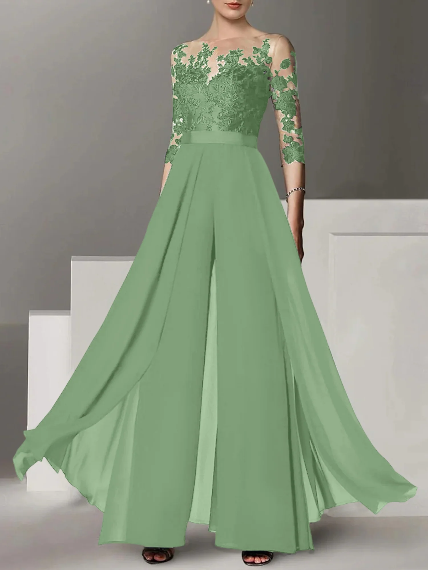 A-Line/Princess Jewel Neck 3/4 Length Sleeves Floor-Length Mother of the Bride Jumpsuits with Applique - Image 29