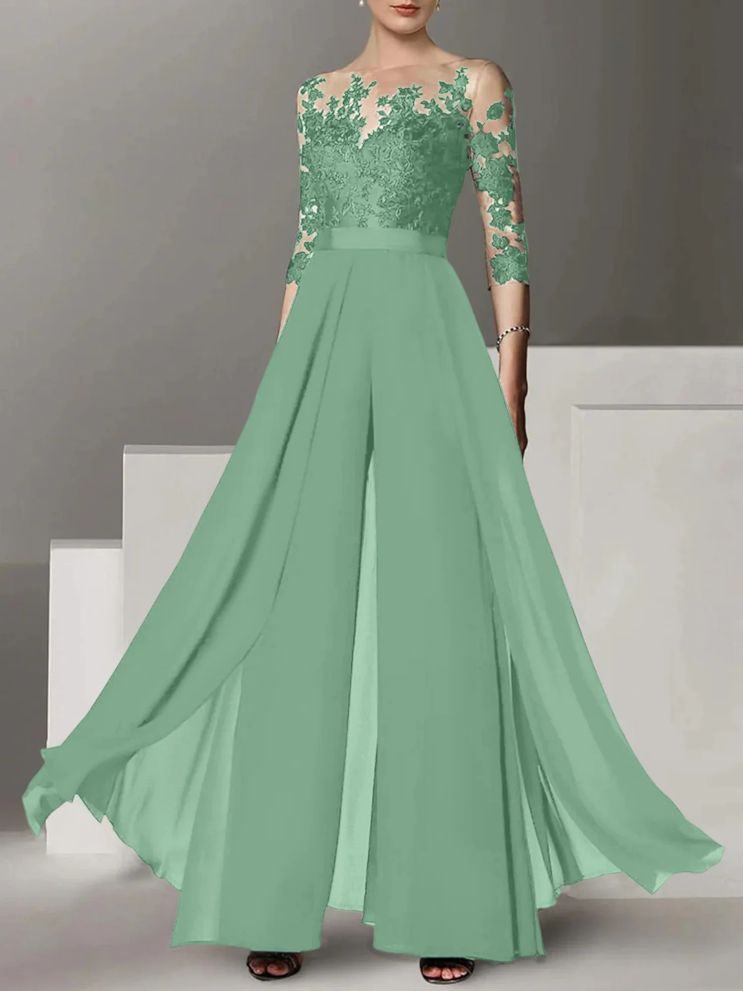 A-Line/Princess Jewel Neck 3/4 Length Sleeves Floor-Length Mother of the Bride Jumpsuits with Applique - Image 31
