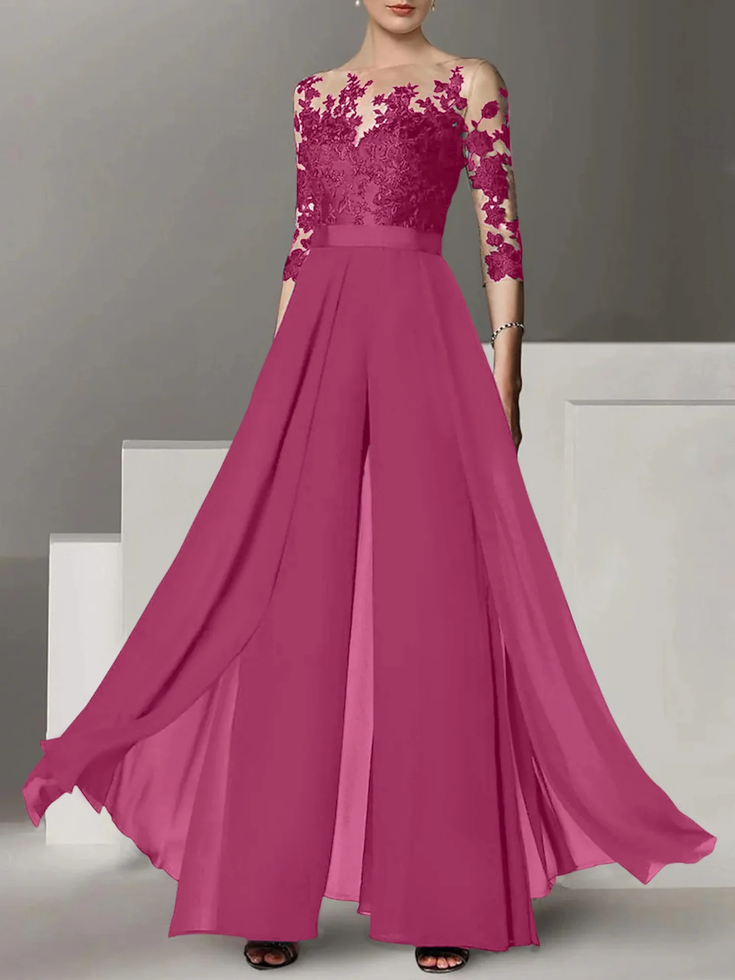 A-Line/Princess Jewel Neck 3/4 Length Sleeves Floor-Length Mother of the Bride Jumpsuits with Applique - Image 32