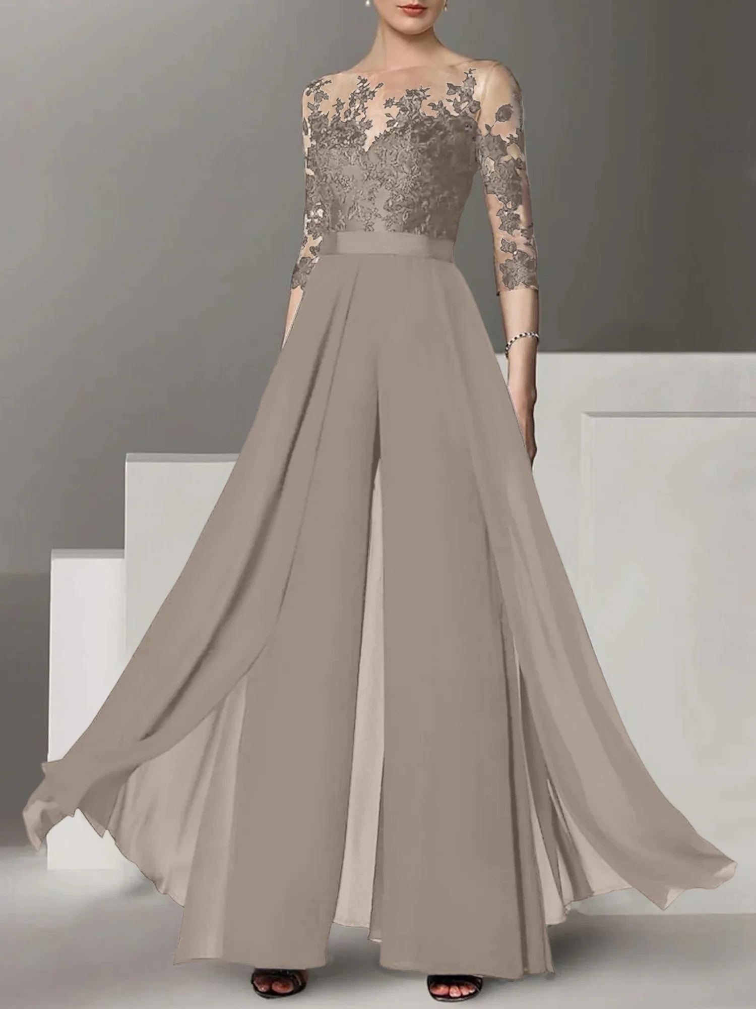 A-Line/Princess Jewel Neck 3/4 Length Sleeves Floor-Length Mother of the Bride Jumpsuits with Applique - Image 58