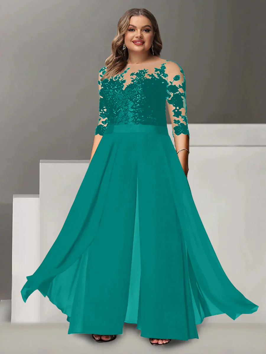 A-Line/Princess Jewel Neck 3/4 Length Sleeves Floor-Length Plus Size Mother of the Bride Pantsuits with Applique - Image 39