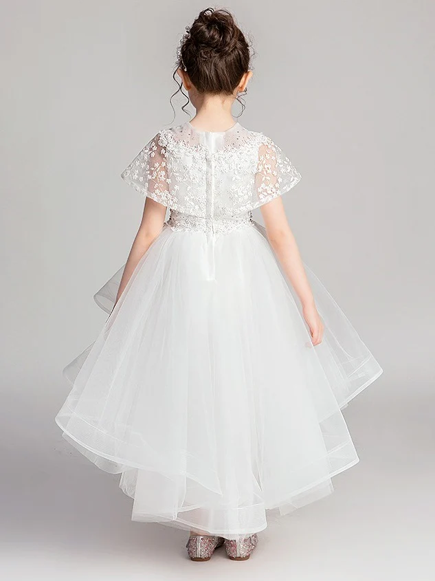 A-Line/Princess Jewel Neck Flutter Sleeves Asymmetrical Flower Girl Dresses with Lace Appliques - Image 2