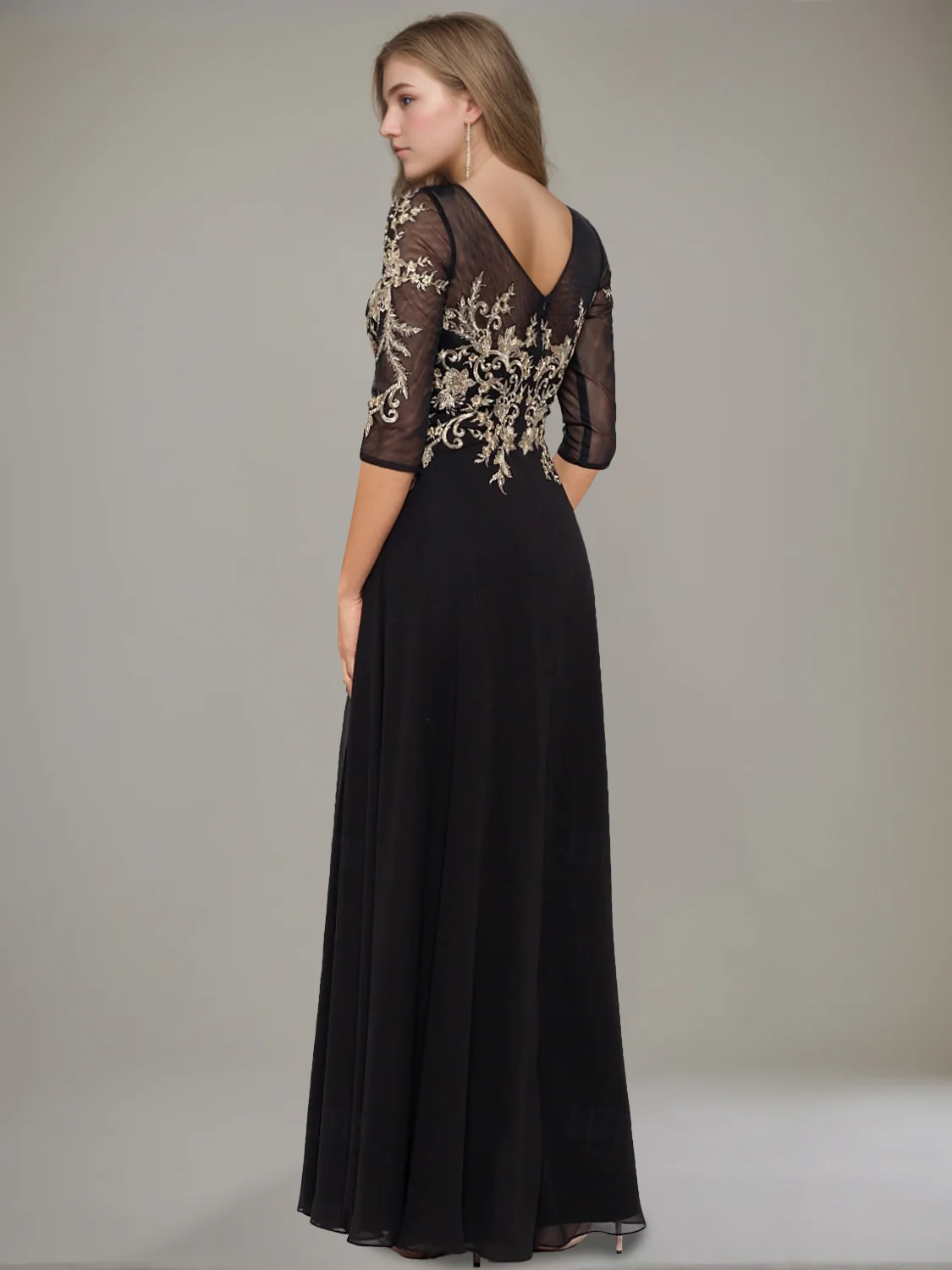 A-Line/Princess Jewel Neck Half Sleeves Floor Length Mother of the Bride Groom Dresses With Lace Ruffle - Image 2