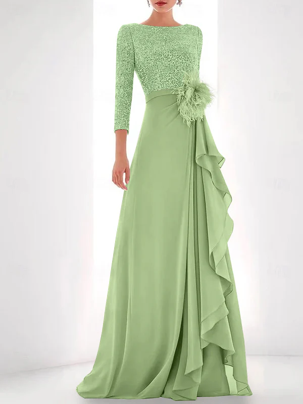 A-Line/Princess Jewel Neck Long Sleeves Asymmetrical Mother of the Bride Dresses With Sequin & Feather & Pearls - Image 18