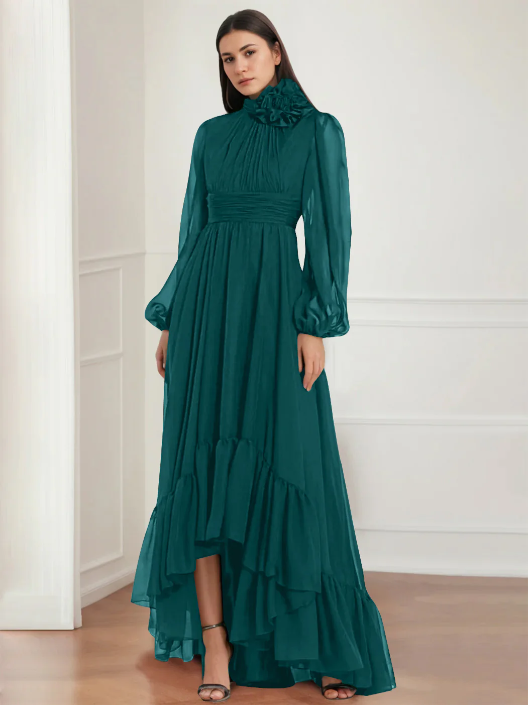 A-Line/Princess Jewel Neck Long Sleeves Asymmetrical Mother of the Bride Dresses with Flower & Ruffles - Image 24