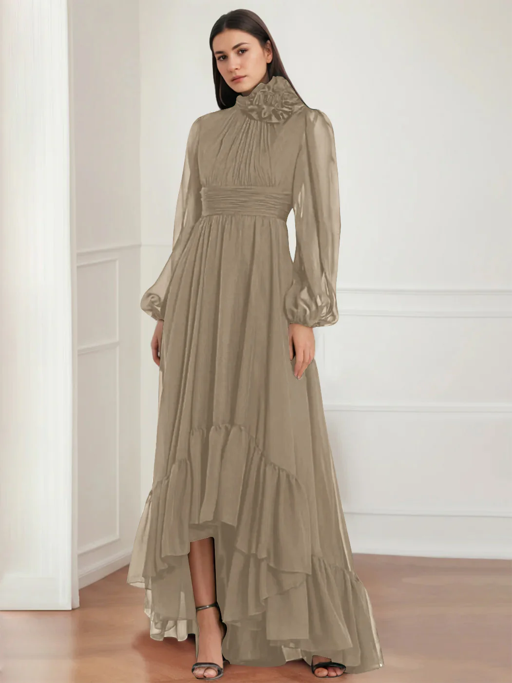 A-Line/Princess Jewel Neck Long Sleeves Asymmetrical Mother of the Bride Dresses with Flower & Ruffles - Image 50