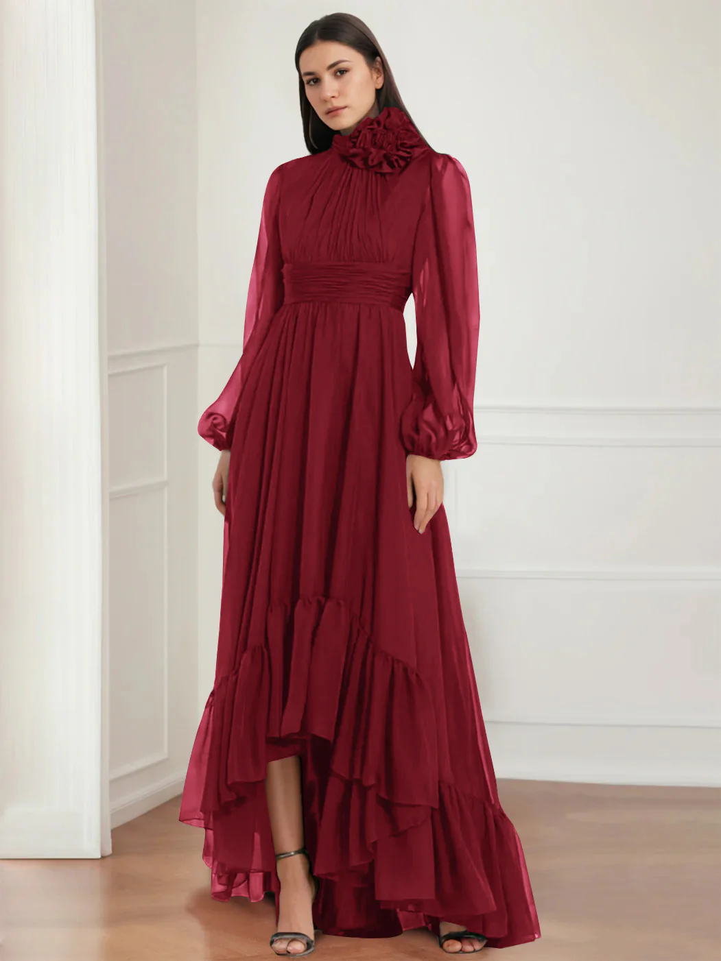 A-Line/Princess Jewel Neck Long Sleeves Asymmetrical Mother of the Bride Dresses with Flower & Ruffles - Image 6