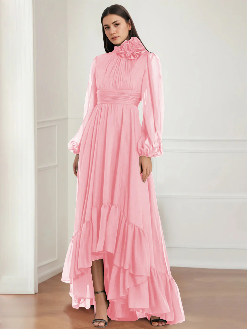 A-Line/Princess Jewel Neck Long Sleeves Asymmetrical Mother of the Bride Dresses with Flower & Ruffles - Image 8