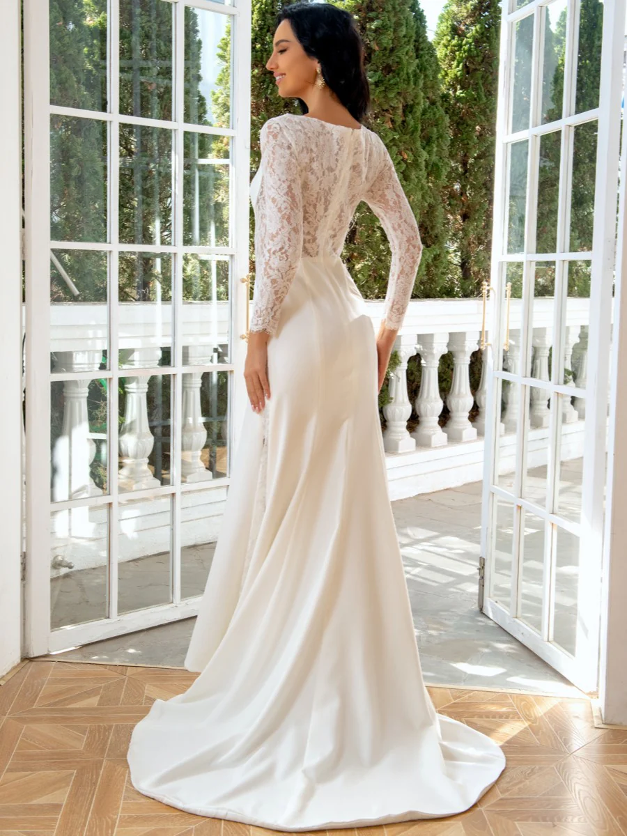 A-Line/Princess Jewel Neck Long Sleeves Wedding Dresses with Lace - Image 2