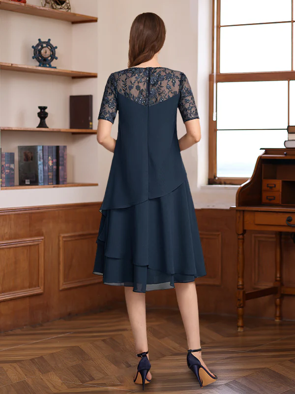 A-Line/Princess Jewel Neck Short Sleeves Knee-Length Mother of the Bride & Groom Dresses with Ruffles & Lace Appliques & Sequins - Image 2