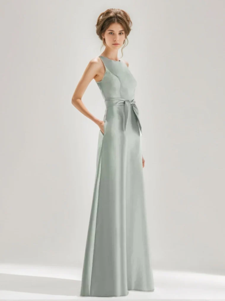 A-line/Princess Jewel Neck Sleeveless Floor-Length Wedding Guest Dresses with Bow Sash & Pockets - Image 3
