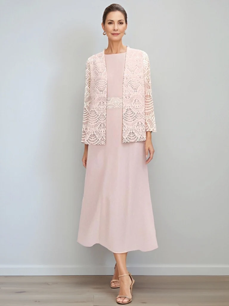 A-Line/Princess Jewel Neck Tea Length Mother of the Bride Dresses with Jacket & Lace