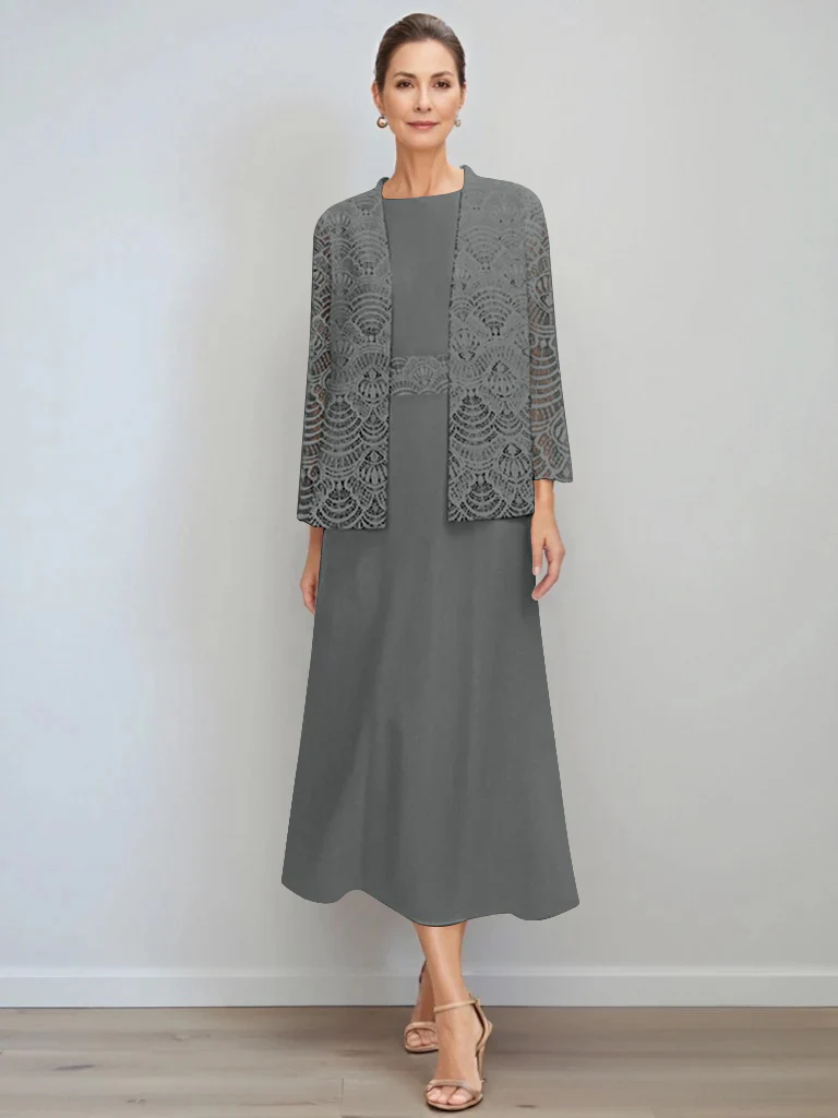 A-Line/Princess Jewel Neck Tea Length Mother of the Bride Dresses with Jacket & Lace - Image 11