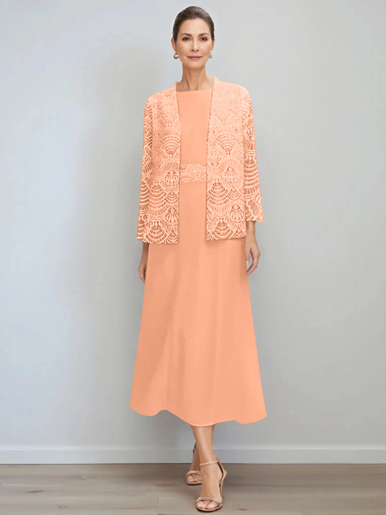 A-Line/Princess Jewel Neck Tea Length Mother of the Bride Dresses with Jacket & Lace - Image 13