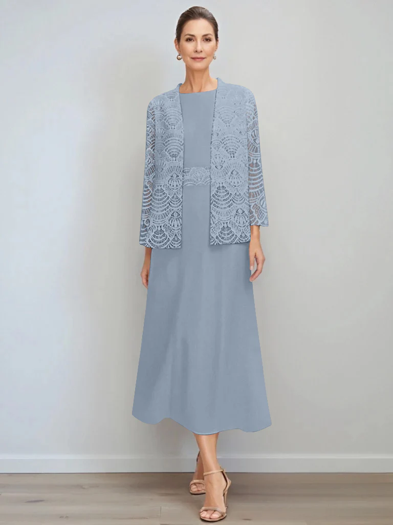 A-Line/Princess Jewel Neck Tea Length Mother of the Bride Dresses with Jacket & Lace - Image 18