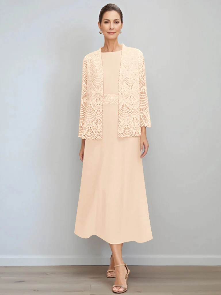 A-Line/Princess Jewel Neck Tea Length Mother of the Bride Dresses with Jacket & Lace - Image 37