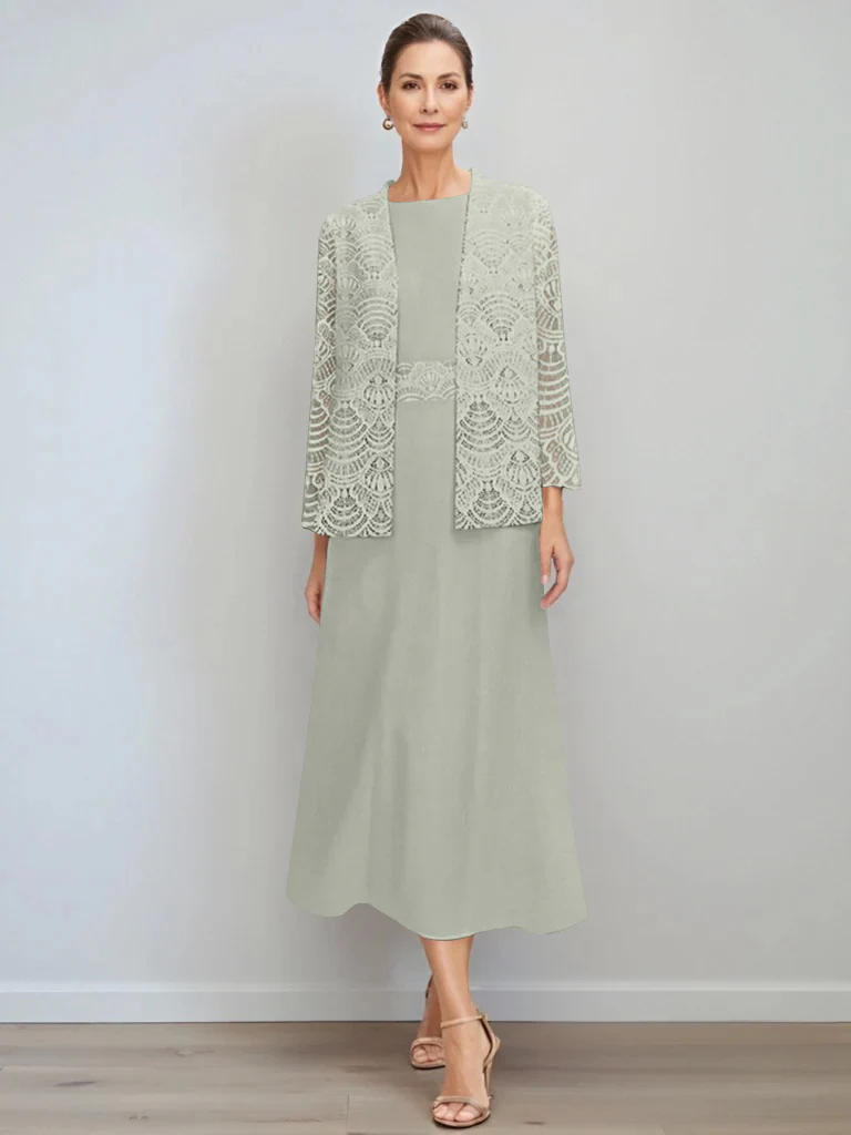 A-Line/Princess Jewel Neck Tea Length Mother of the Bride Dresses with Jacket & Lace - Image 45