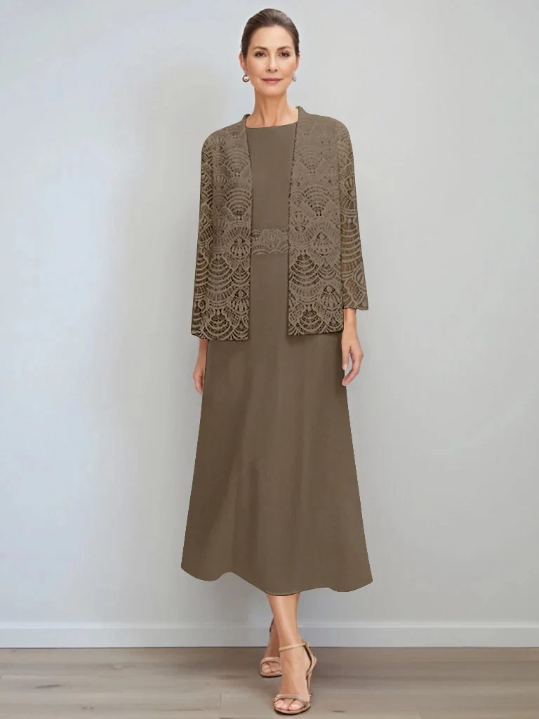 A-Line/Princess Jewel Neck Tea Length Mother of the Bride Dresses with Jacket & Lace - Image 49