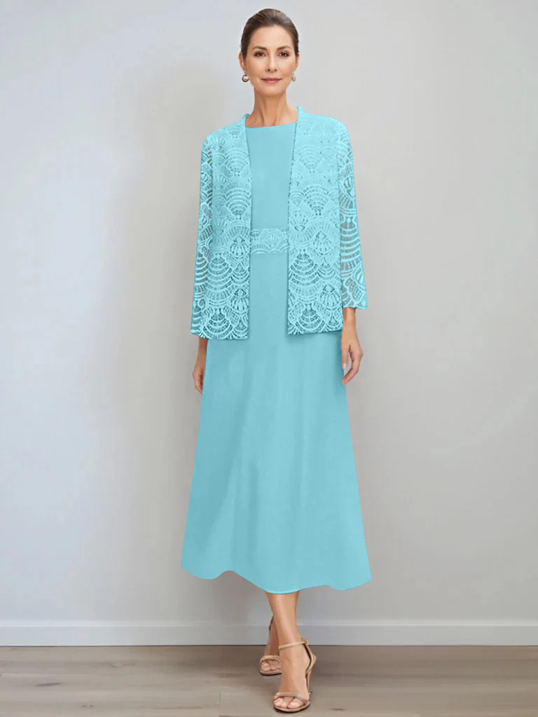 A-Line/Princess Jewel Neck Tea Length Mother of the Bride Dresses with Jacket & Lace - Image 5