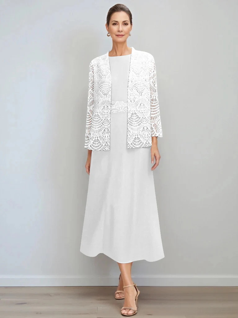 A-Line/Princess Jewel Neck Tea Length Mother of the Bride Dresses with Jacket & Lace - Image 51