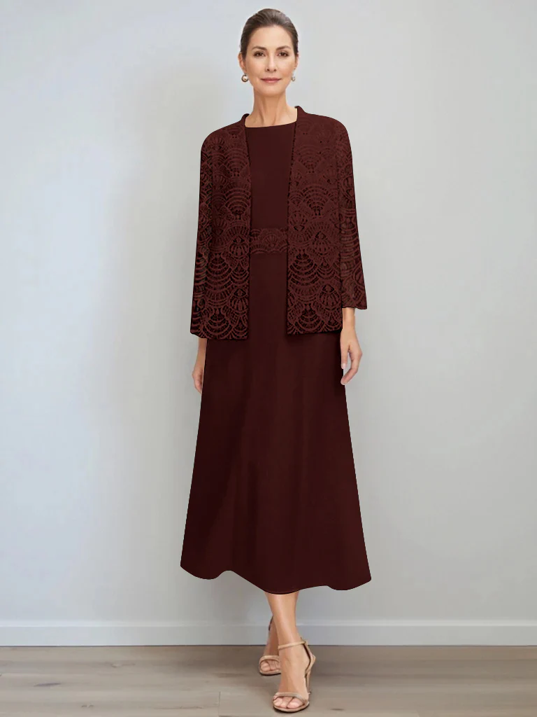 A-Line/Princess Jewel Neck Tea Length Mother of the Bride Dresses with Jacket & Lace - Image 7
