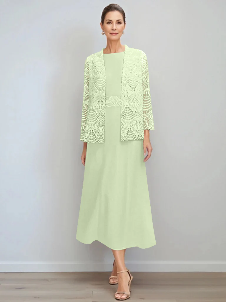 A-Line/Princess Jewel Neck Tea Length Mother of the Bride Dresses with Jacket & Lace - Image 9